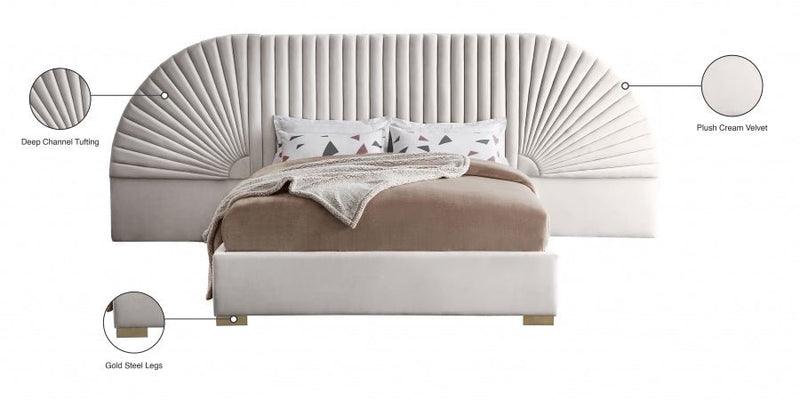Cleo Velvet Queen Bed (3 Boxes) Cream - Gate FurnitureQueen Bed