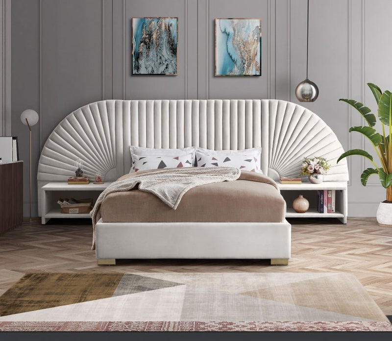 Cleo Velvet Queen Bed (3 Boxes) Cream - Gate FurnitureQueen Bed