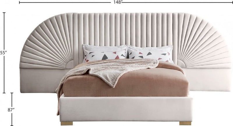 Cleo Velvet Queen Bed (3 Boxes) Cream - Gate FurnitureQueen Bed