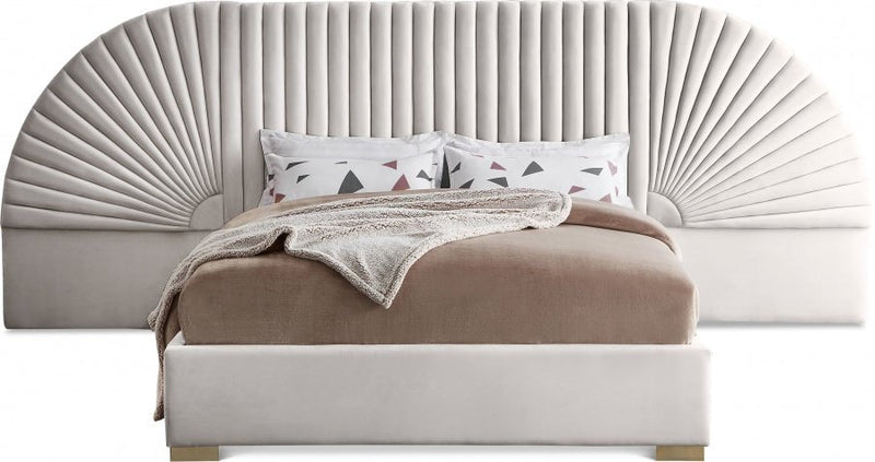 Cleo Velvet Queen Bed (3 Boxes) Cream - Gate FurnitureQueen Bed