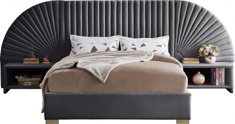 Cleo Velvet Queen Bed (3 Boxes) Grey - Gate FurnitureQueen Bed