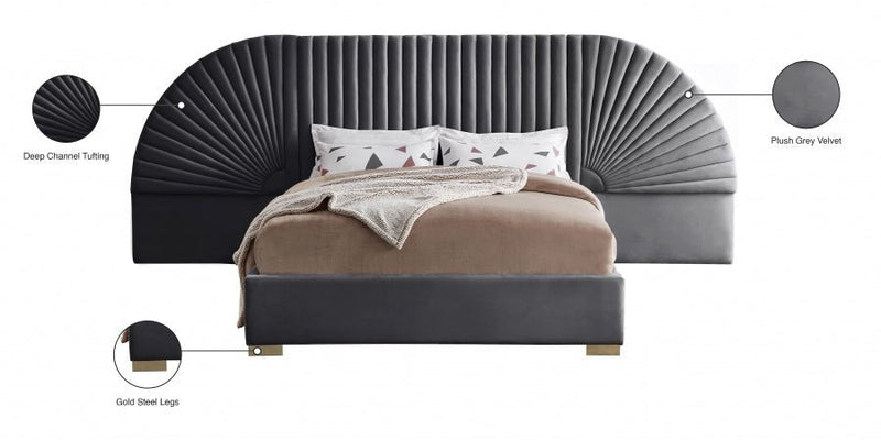 Cleo Velvet Queen Bed (3 Boxes) Grey - Gate FurnitureQueen Bed