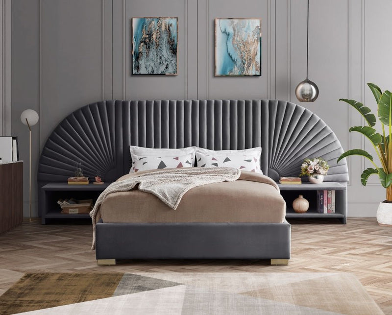 Cleo Velvet Queen Bed (3 Boxes) Grey - Gate FurnitureQueen Bed