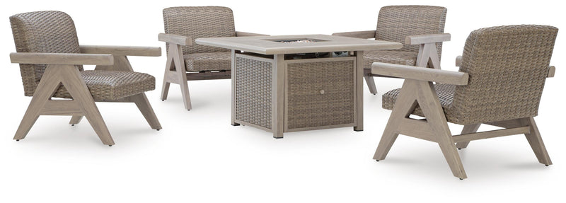 Cliff Trails Outdoor Fire Pit Table and 4 Chairs in Beige - PKG023987