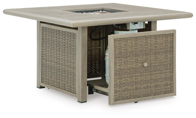 Cliff Trails Outdoor Fire Pit Table and 4 Chairs in Beige - PKG023987