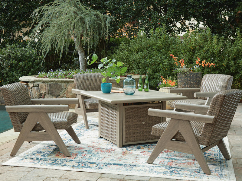 Cliff Trails Outdoor Fire Pit Table and 4 Chairs in Beige - PKG023987