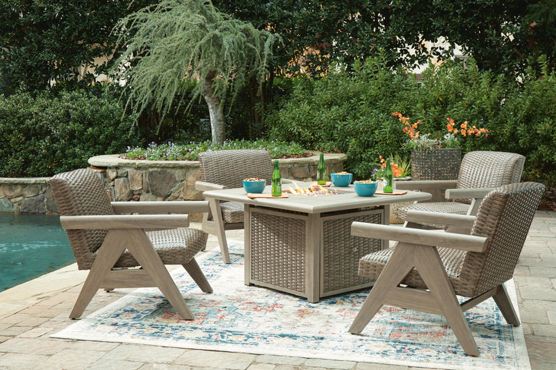 Cliff Trails Outdoor Fire Pit Table and 4 Chairs in Beige - PKG023987