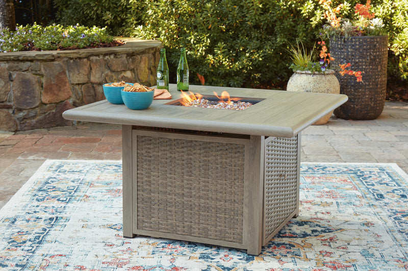 Cliff Trails Outdoor Fire Pit Table and 4 Chairs in Beige - PKG023987