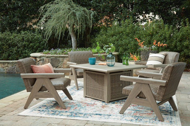 Cliff Trails Outdoor Fire Pit Table and 4 Chairs in Beige - PKG023987