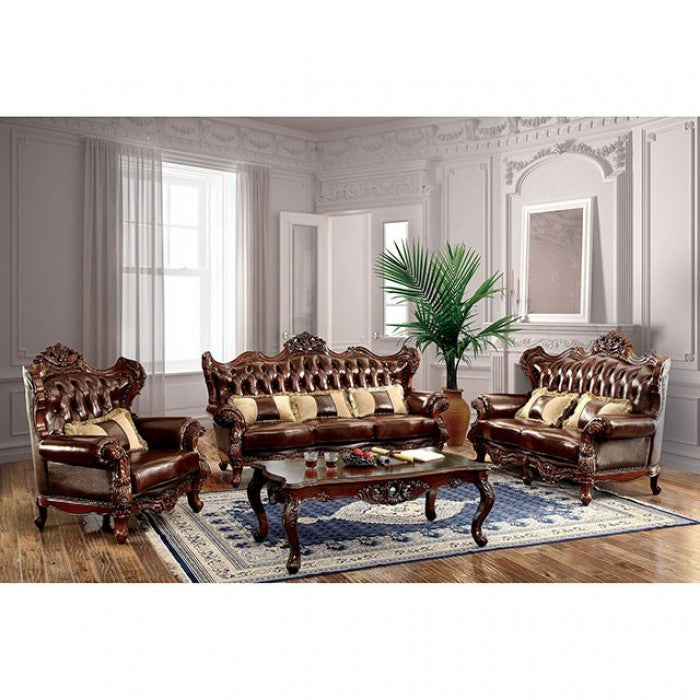 JERICHO Brown/Dark Oak Leatherette Wood Living Room Set