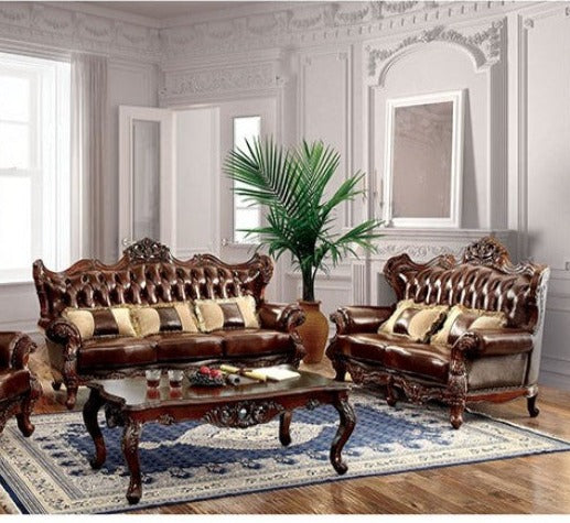 JERICHO Brown/Dark Oak Leatherette Wood Living Room Set