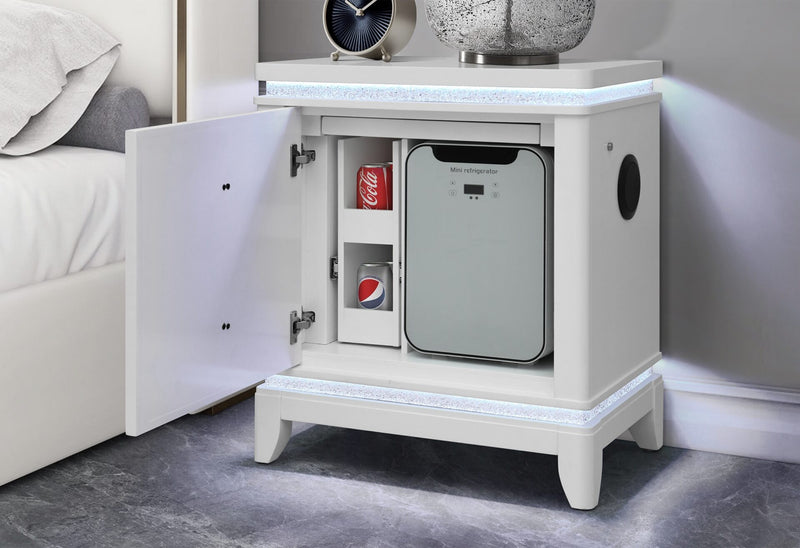 Alina White Nightstand With Cooler, Led, Speaker And Usb - ALINA-WHITE-NS W/ COOLER LED SPKR USB-N