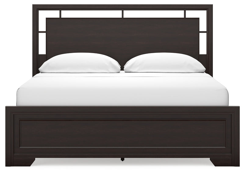 Covetown California King Panel Bed with Mirrored Dresser and 2 Nightstands in Dark Brown from Ashley - Luna Furniture