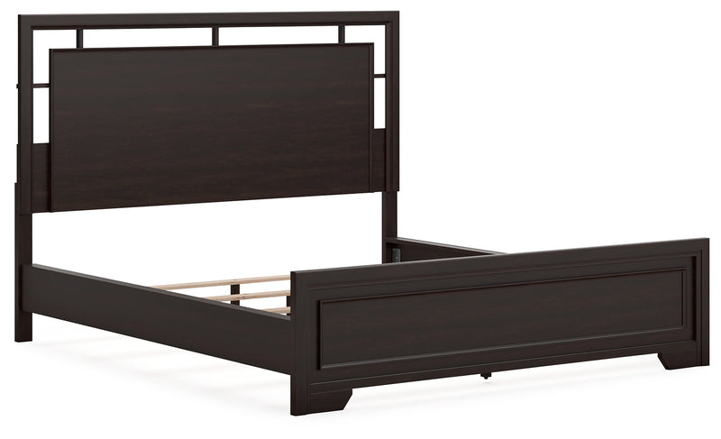 Covetown California King Panel Bed with Mirrored Dresser and 2 Nightstands in Dark Brown from Ashley - Luna Furniture