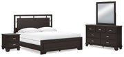 Covetown California King Panel Bed with Mirrored Dresser and Nightstand in Dark Brown - PKG016823