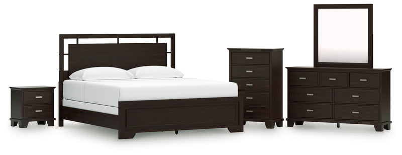 Covetown California King Panel Bed with Mirrored Dresser, Chest and Nightstand in Dark Brown from Ashley - Luna Furniture