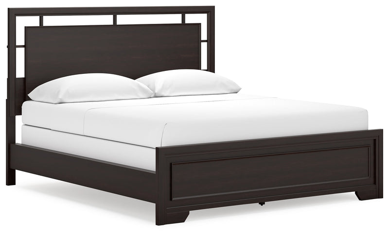 Covetown California King Panel Bed with Mirrored Dresser, Chest and Nightstand in Dark Brown from Ashley - Luna Furniture
