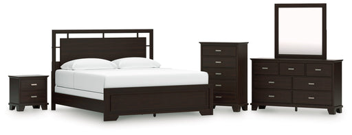 Covetown California King Panel Bed with Mirrored Dresser, Chest and Nightstand in Dark Brown from Ashley - Luna Furniture
