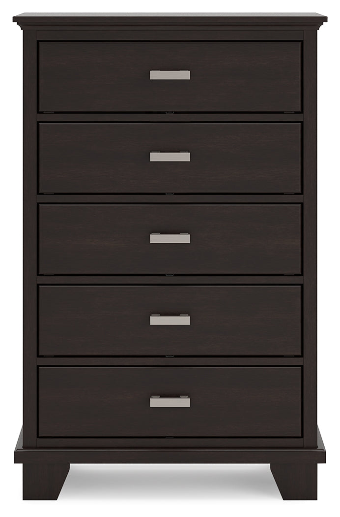 Covetown King Panel Bed with Mirrored Dresser and Chest in Dark Brown from Ashley - Luna Furniture