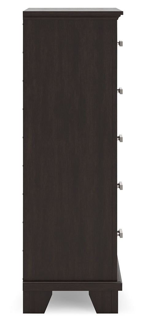 Covetown King Panel Bed with Mirrored Dresser and Chest in Dark Brown from Ashley - Luna Furniture