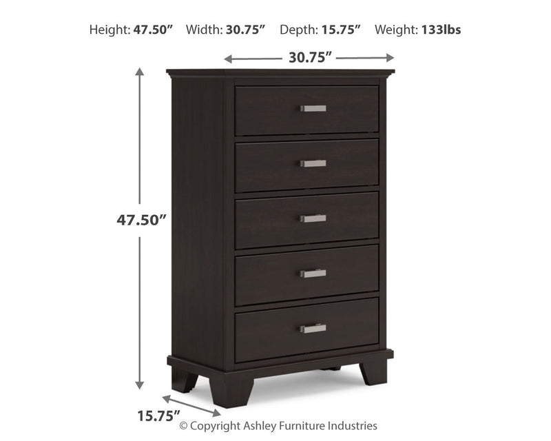 Covetown King Panel Bed with Mirrored Dresser and Chest in Dark Brown from Ashley - Luna Furniture