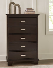 Covetown King Panel Bed with Mirrored Dresser and Chest in Dark Brown from Ashley - Luna Furniture