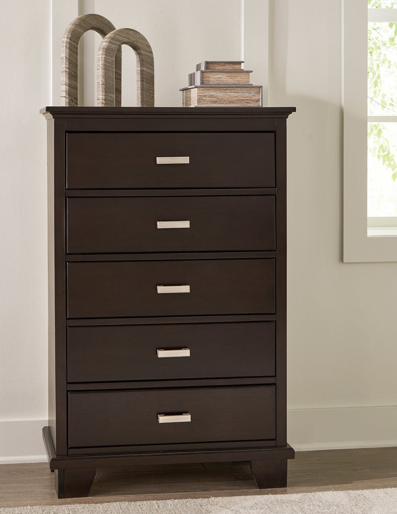 Covetown King Panel Bed with Mirrored Dresser and Chest in Dark Brown from Ashley - Luna Furniture