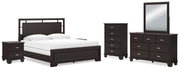 Covetown King Panel Bed with Mirrored Dresser, Chest and 2 Nightstands in Dark Brown - PKG016813
