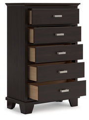 Covetown King Panel Bed with Mirrored Dresser, Chest and Nightstand in Dark Brown from Ashley - Luna Furniture