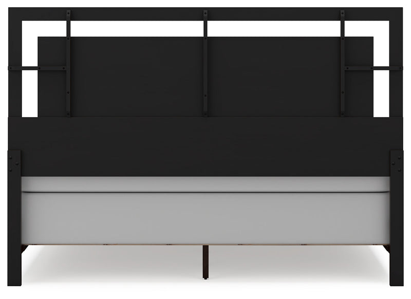 Covetown King Panel Bed with Mirrored Dresser in Dark Brown - PKG016811