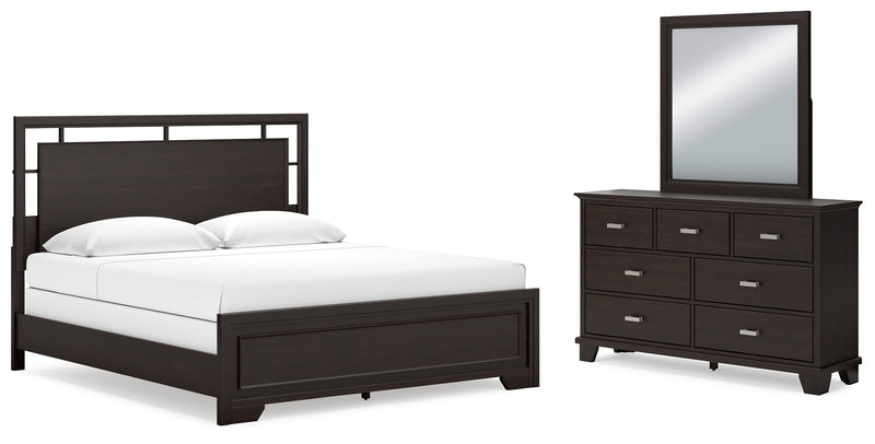 Covetown King Panel Bed with Mirrored Dresser in Dark Brown - PKG016811