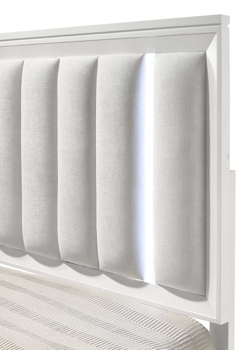 Cressida White Queen Upholstered LED Panel Bed - Gate FurnitureQueen Bed