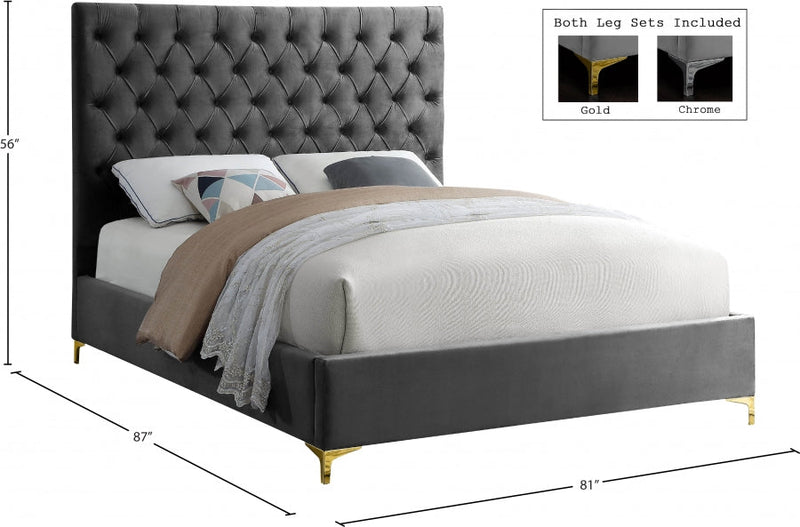 Cruz Velvet King Bed Grey - Gate FurnitureKing Bed