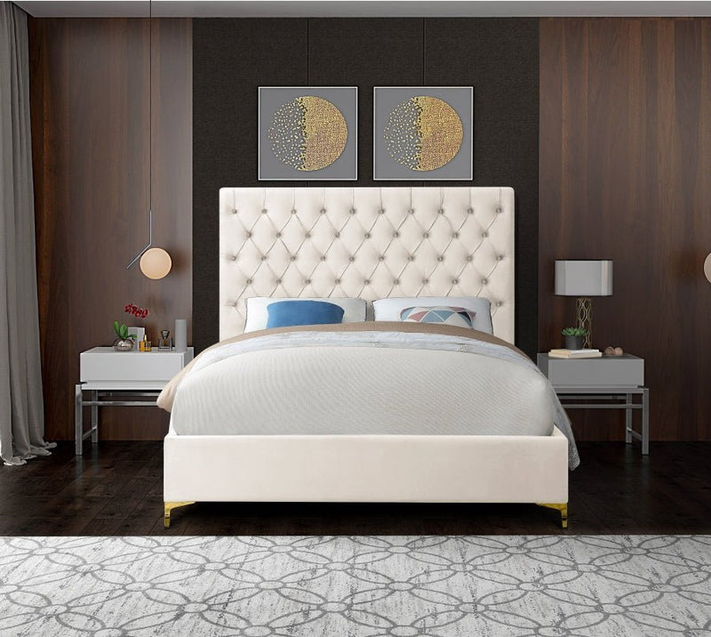 Cruz Velvet Queen Bed Cream - Gate FurnitureQueen Bed