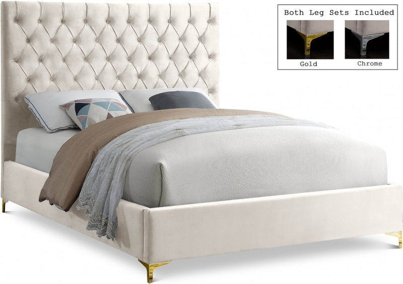 Cruz Velvet Queen Bed Cream - Gate FurnitureQueen Bed