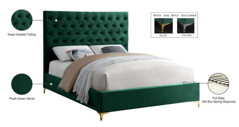 Cruz Velvet Queen Bed Green - Gate FurnitureQueen Bed