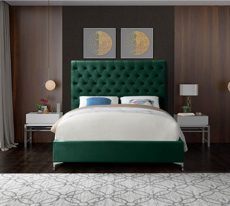 Cruz Velvet Queen Bed Green - Gate FurnitureQueen Bed