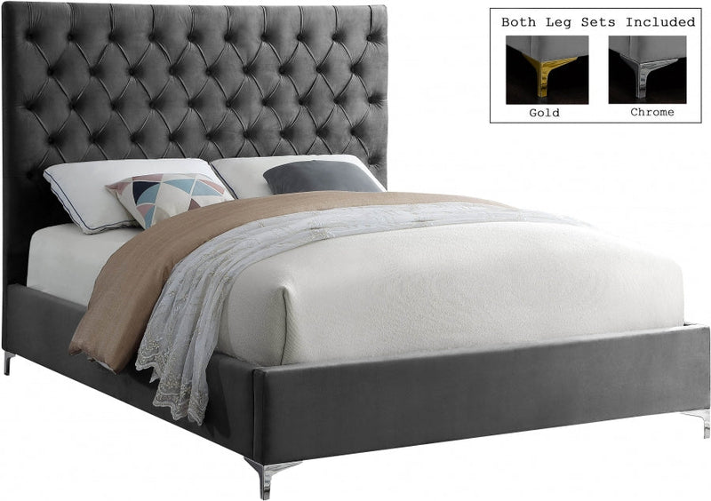 Cruz Velvet Queen Bed Grey - Gate FurnitureQueen Bed