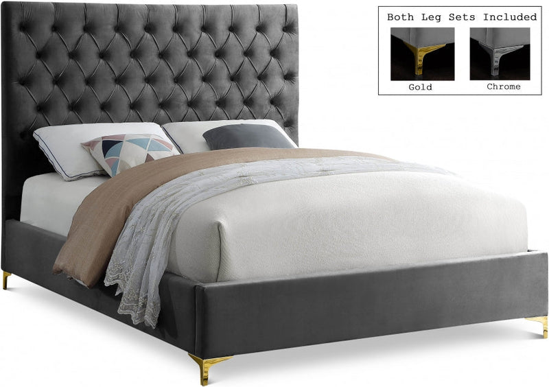 Cruz Velvet Queen Bed Grey - Gate FurnitureQueen Bed