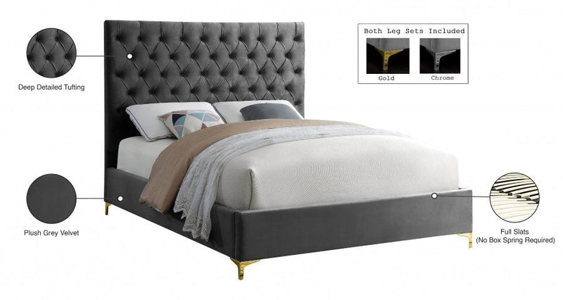 Cruz Velvet Queen Bed Grey - Gate FurnitureQueen Bed
