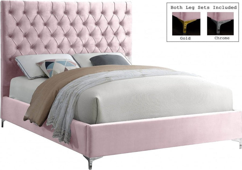 Cruz Velvet Queen Bed Pink - Gate FurnitureQueen Bed