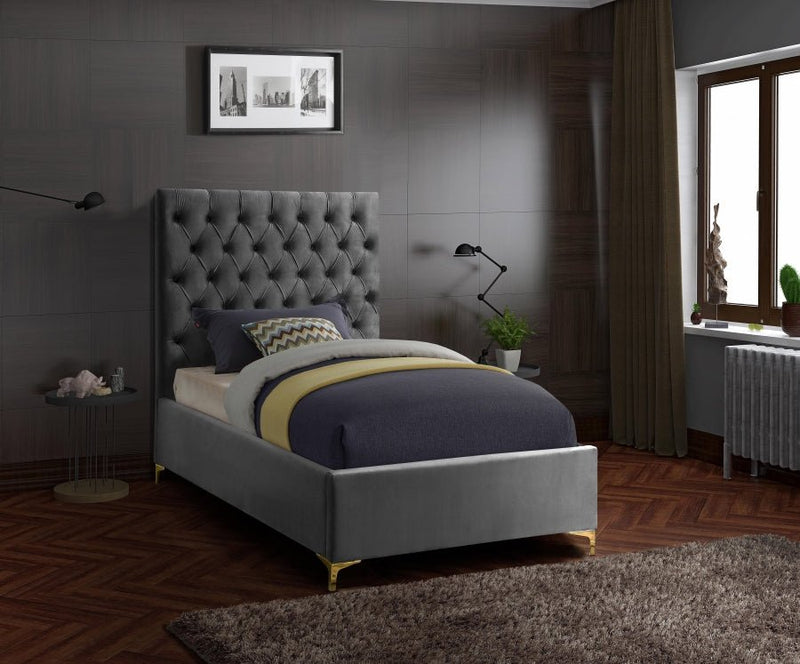 Cruz Velvet Twin Bed Grey - Gate FurnitureTwin Bed
