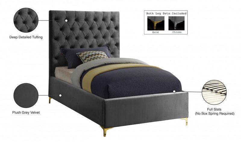 Cruz Velvet Twin Bed Grey - Gate FurnitureTwin Bed