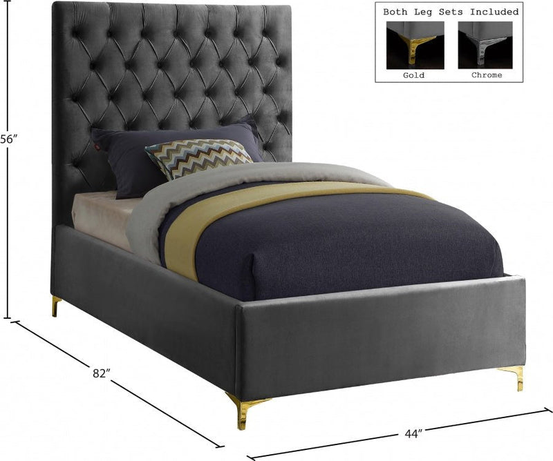 Cruz Velvet Twin Bed Grey - Gate FurnitureTwin Bed