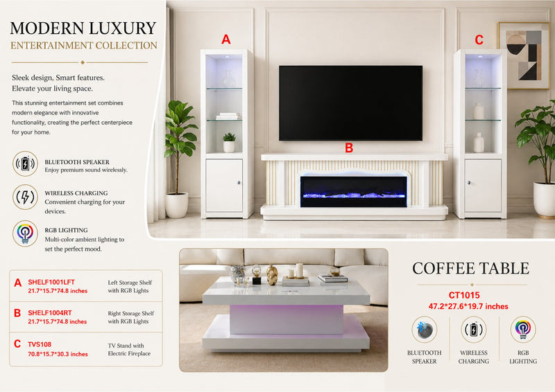 CT1015 WHITE 48X28X20 INCH COFFEE TABLE BLUETOOTH SPEAKER ,COLOR CHANGING LED AND WIRLESS CHARGER - 210000007829