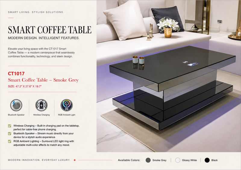 CT1017 GREY 48X28X20 INCH COFFEE TABLE BLUETOOTH SPEAKER ,COLOR CHANGING LED AND WIRLESS CHARGER - 210000007833