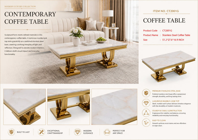 CT2001G 52 X 28 X 17.2 - GOLD STAINLESS STEEL + MARBLE  COFFEE TABLE - 210000007467