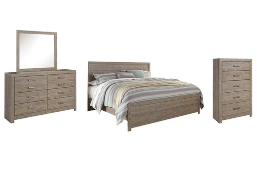 Culverbach King Panel Bed with Mirrored Dresser and Chest in Gray - PKG011530