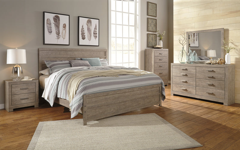 Culverbach King Panel Bed with Mirrored Dresser and Chest in Gray - PKG011530