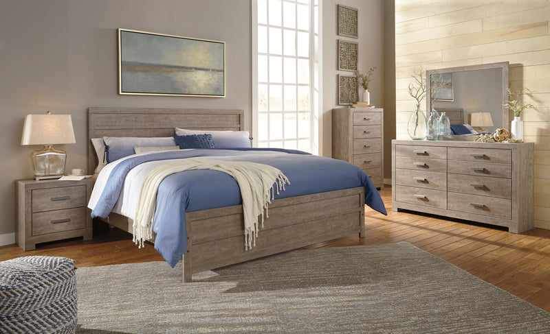 Culverbach King Panel Bed with Mirrored Dresser, Chest and 2 Nightstands in Gray - PKG011532